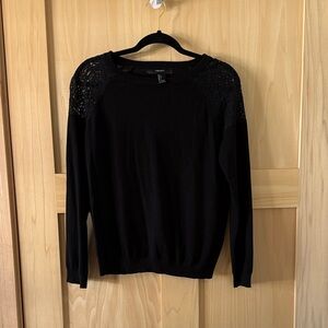 Forever 21 Black Crew Neck Sweater with Lace Shoulder Detail